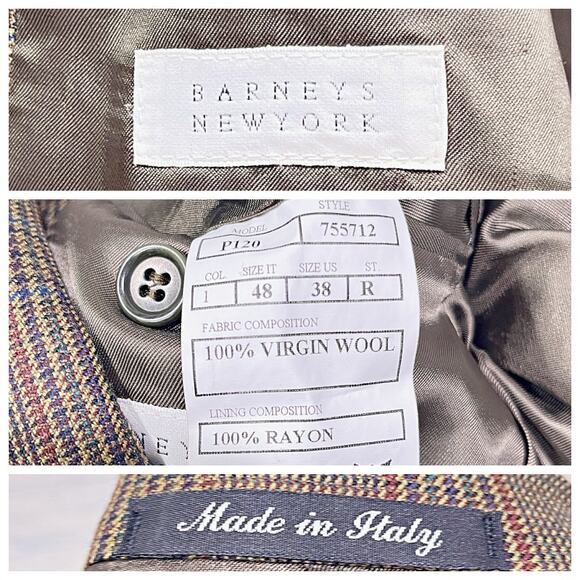 Barneys New York Wool Tweed Sport Coat Tan Brown Plaid Made In Italy Mens 38R - Picture 7 of 7